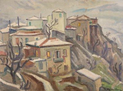 Arachova with Snow — Oil painting, Fiberboard, 46.00×61.00cm — Theodoros Markellos